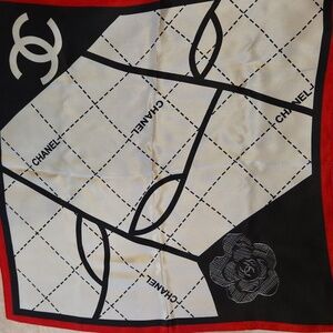 CHANEL Black,‎ White, and Red 100% Silk Scarf